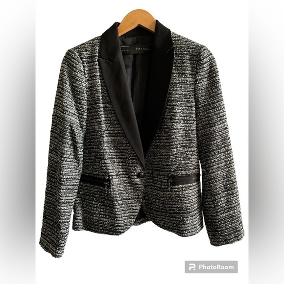 Zara Women’s Tweed Black and White Jacket Tuxedo-style Lapels Medium - Picture 1 of 7